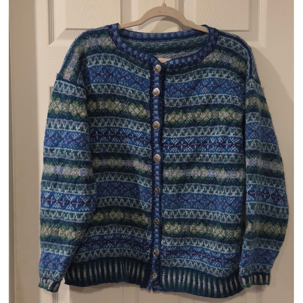 Hand Knit Fair Isle Cardigan L XL Wool Feel Nordic Sweater Artisan Vintage Style